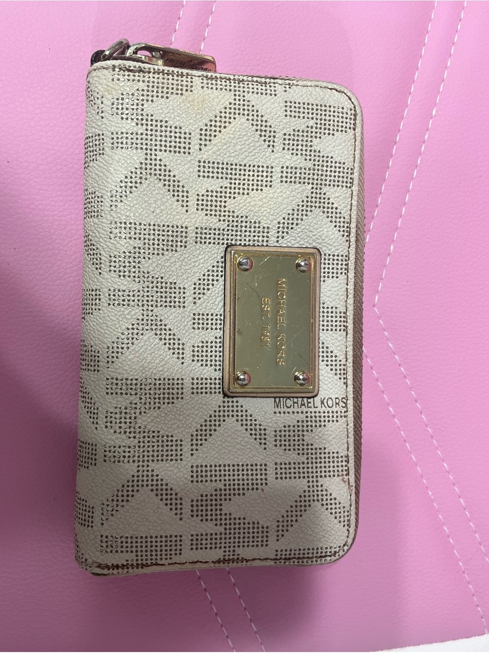 Michael Kors Beige Logo Zip Wallet with Gold Plaque